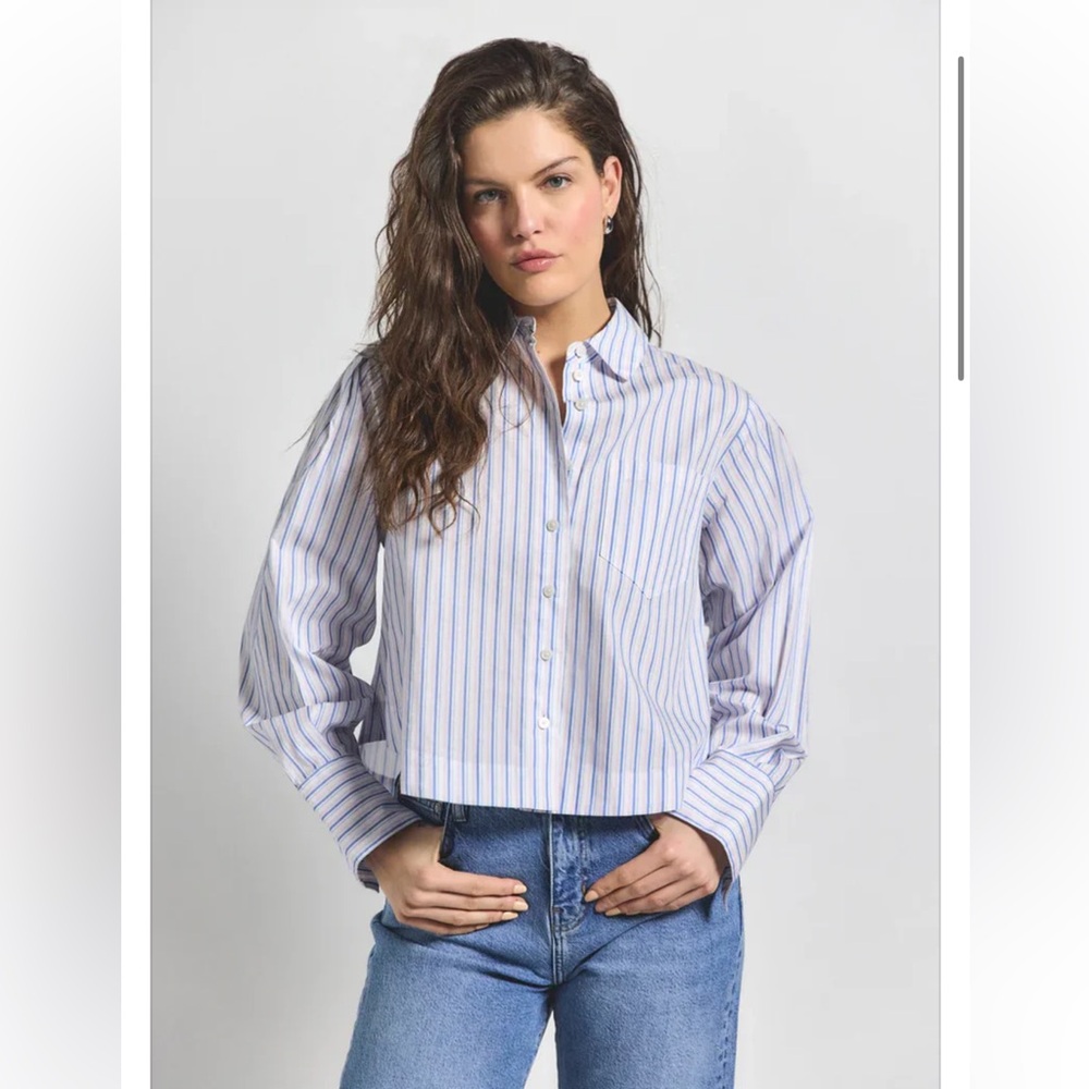 Derek Lam 10 Crosby Womens  Estrella Striped Cropped Button-Up Shirt, Blue